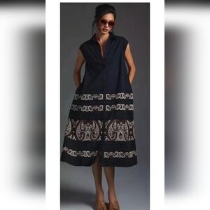 Anthropologie Embroidered Black Oversized Shirt Dress Size Small